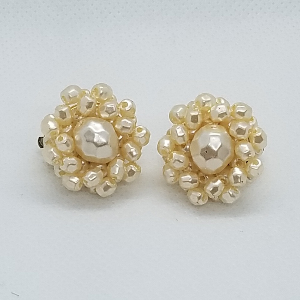 Beaded Flower Cluster Clip On Earrings